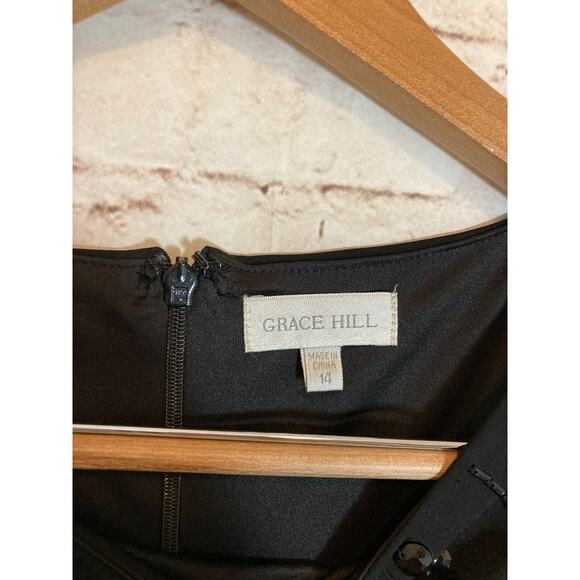 Grace Hill Midi Dress Womens 14 Black LBD Beaded Draped Ruched Sleeveless Sheath - Picture 7 of 15